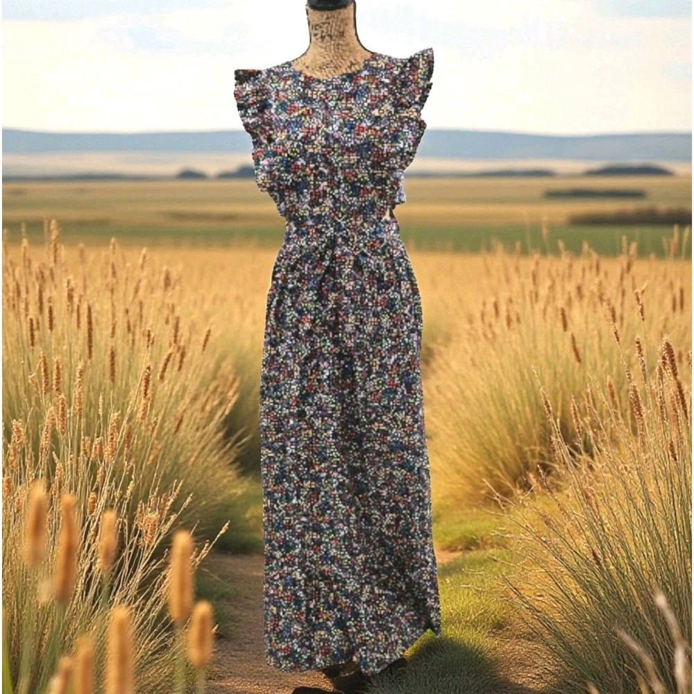 Vtg Handmade Pinafore Prairie Maxi Dress Ruffles Wrap Tie Ditsy Floral Cottage M